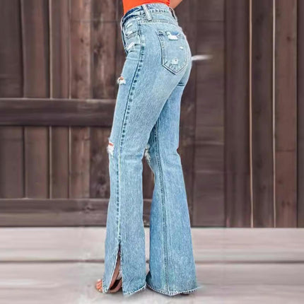 Women's Ripped Bell Bottom Jeans Distressed Slit Hem Flared Denim Pants