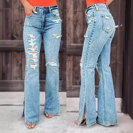 Women's Ripped Bell Bottom Jeans Distressed Slit Hem Flared Denim Pants