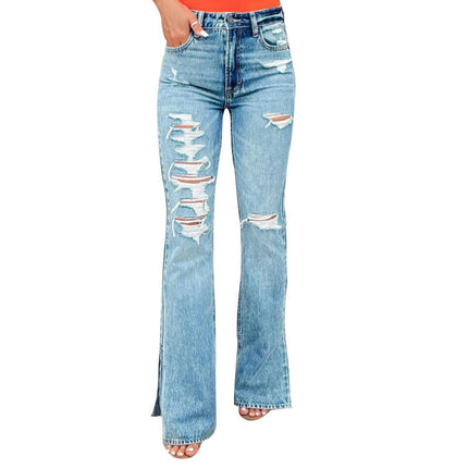 Women's Ripped Bell Bottom Jeans Distressed Slit Hem Flared Denim Pants