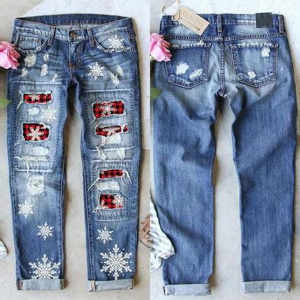 Womens Plaid Patch Ripped Boyfriend Distressed Denim Jeans with Hole-A1