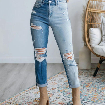 Women's Ripped Jeans Casual Mid Rise Straight Leg Denim Pants