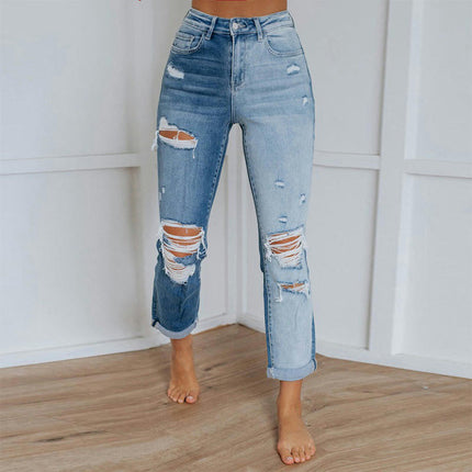 Women's Ripped Jeans Casual Mid Rise Straight Leg Denim Pants