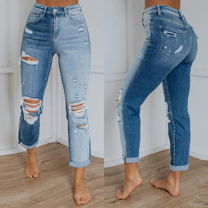 Women's Ripped Jeans Casual Mid Rise Straight Leg Denim Pants