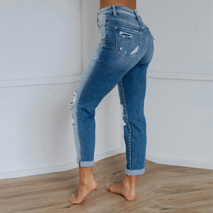 Women's Ripped Jeans Casual Mid Rise Straight Leg Denim Pants