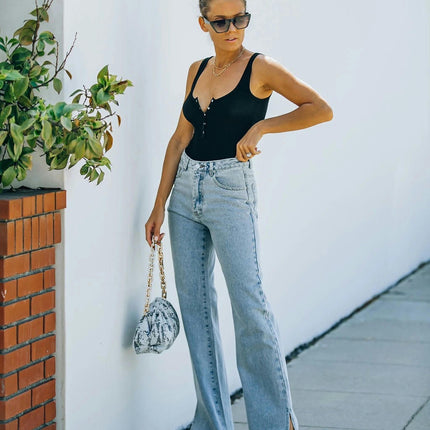 Straight Wide Leg Jeans for Women High Waisted Slit Hem Denim Pants