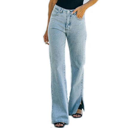 Straight Wide Leg Jeans for Women High Waisted Slit Hem Denim Pants