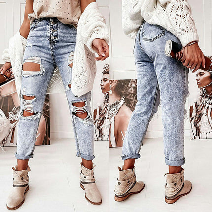 Women's Ripped Boyfriend Jeans Mid Rise Distressed Denim Pants