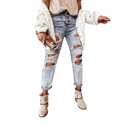 Women's Ripped Boyfriend Jeans Mid Rise Distressed Denim Pants