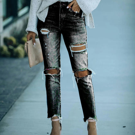 Women's Ripped Jeans Straight Leg Distressed Boyfriend Denim Pants-A2