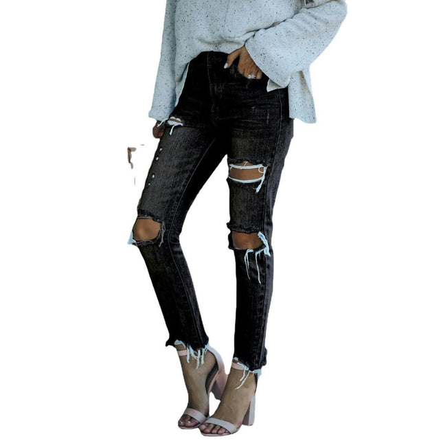 Women's Ripped Jeans Straight Leg Distressed Boyfriend Denim Pants-A2