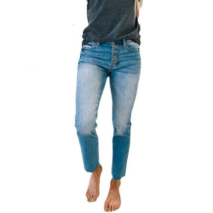 Women's Mid Waisted Jeans Raw Hem Straight Leg Denim Pants with Pockets