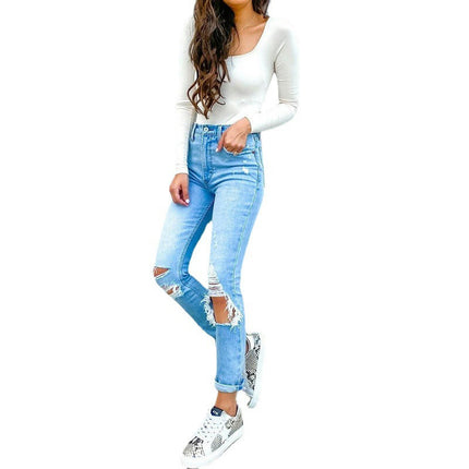 Women's Ripped High Waist Straight Leg Jeans Distressed Denim Pants