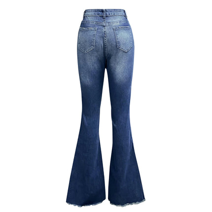 Women's Ripped Bell Bottom Jeans Mid Waisted Slimming Flare Denim Pants