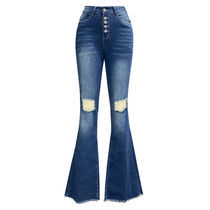 Women's Ripped Bell Bottom Jeans Mid Waisted Slimming Flare Denim Pants