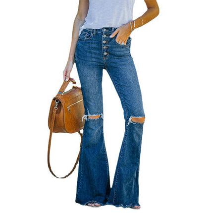 Women's Ripped Bell Bottom Jeans Mid Waisted Slimming Flare Denim Pants