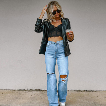 Women's Ripped High Waisted Frayed Jeans Wide Leg Distressed Denim Pants