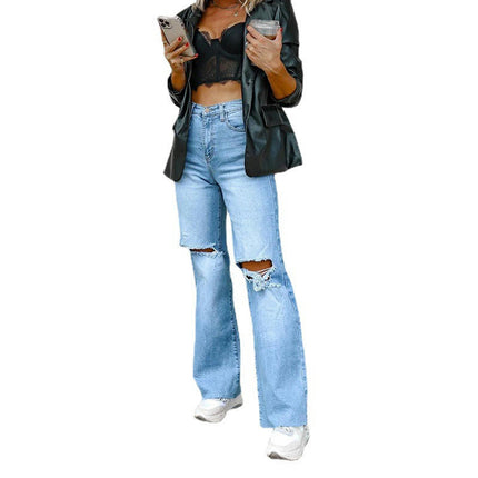 Women's Ripped High Waisted Frayed Jeans Wide Leg Distressed Denim Pants