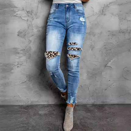 Womens Plaid Patch Ripped Boyfriend Distressed Skinny Denim Jeans