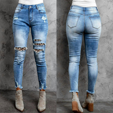 Womens Plaid Patch Ripped Boyfriend Distressed Skinny Denim Jeans