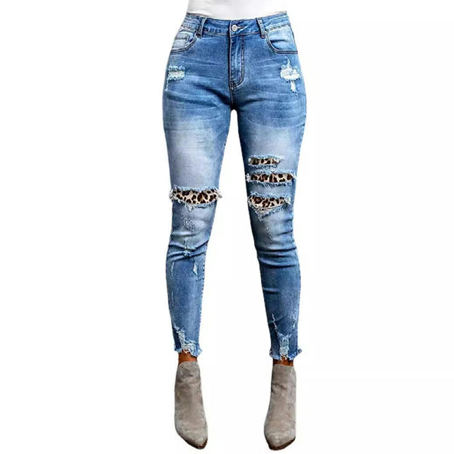 Womens Plaid Patch Ripped Boyfriend Distressed Skinny Denim Jeans