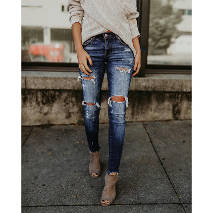 Women's Skinny Stretch Jeans Frayed Raw Hem Ripped Denim Pants