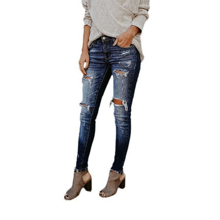 Women's Skinny Stretch Jeans Frayed Raw Hem Ripped Denim Pants