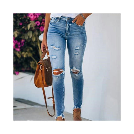 Women's Mid Waisted Ripped Jeans Stretch Skinny Distressed Denim Pants