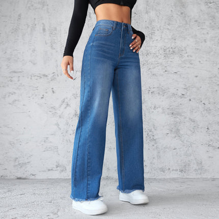 Women's High Waist Jeans Straight Wide Leg Raw Hem Denim Pants