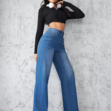 Women's High Waist Jeans Straight Wide Leg Raw Hem Denim Pants