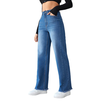 Women's High Waist Jeans Straight Wide Leg Raw Hem Denim Pants