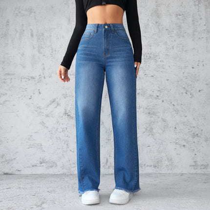 Women's High Waist Jeans Straight Wide Leg Raw Hem Denim Pants