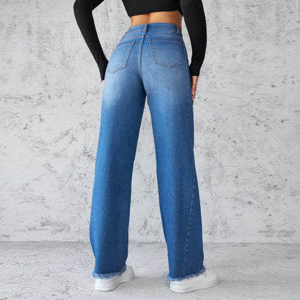 Women's High Waist Jeans Straight Wide Leg Raw Hem Denim Pants