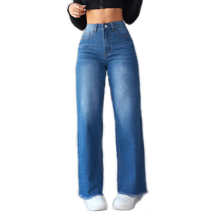 Women's High Waist Jeans Straight Wide Leg Raw Hem Denim Pants