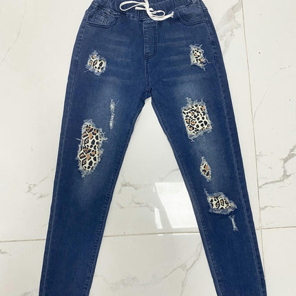 Womens Leopard Patch Ripped Boyfriend Distressed Stretch Skinny Denim Jeans