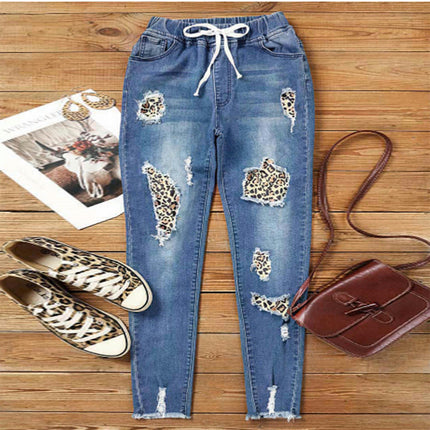 Womens Leopard Patch Ripped Boyfriend Distressed Stretch Skinny Denim Jeans