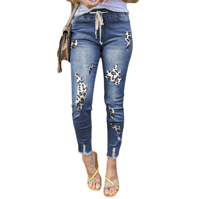 Womens Leopard Patch Ripped Boyfriend Distressed Stretch Skinny Denim Jeans