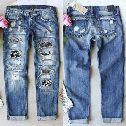 Ripped Jeans for Women Plaid Patch Boyfriend Skinny Distressed Denim Pants