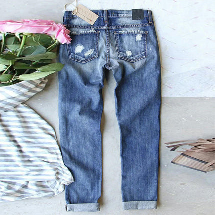 Ripped Jeans for Women Plaid Patch Boyfriend Skinny Distressed Denim Pants