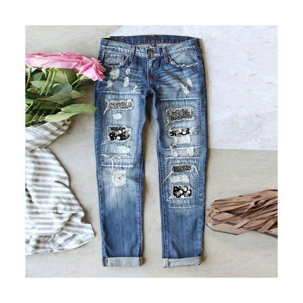 Ripped Jeans for Women Plaid Patch Boyfriend Skinny Distressed Denim Pants