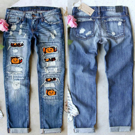 Boyfriend Ripped Jeans for Women Halloween Plaid Patch Distressed Denim Pants