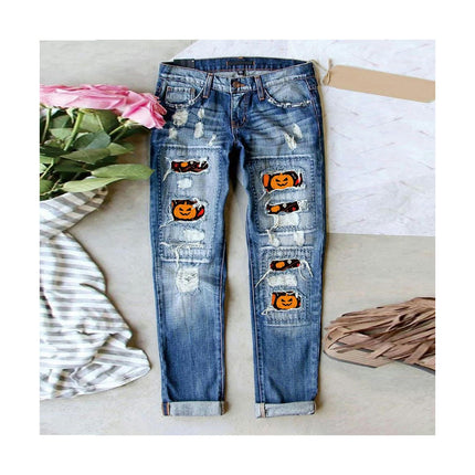 Boyfriend Ripped Jeans for Women Halloween Plaid Patch Distressed Denim Pants