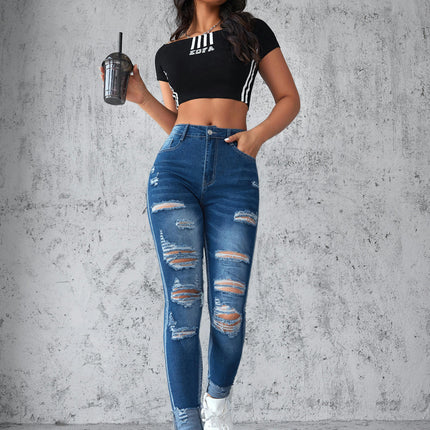 Women's Skinny Ripped Jeans Stretchy High Rise Trendy Denim Pants