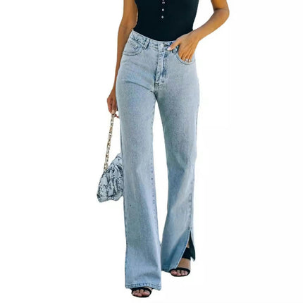 Women's Fashion High Waist Split Jeans Wide Leg Denim Pants