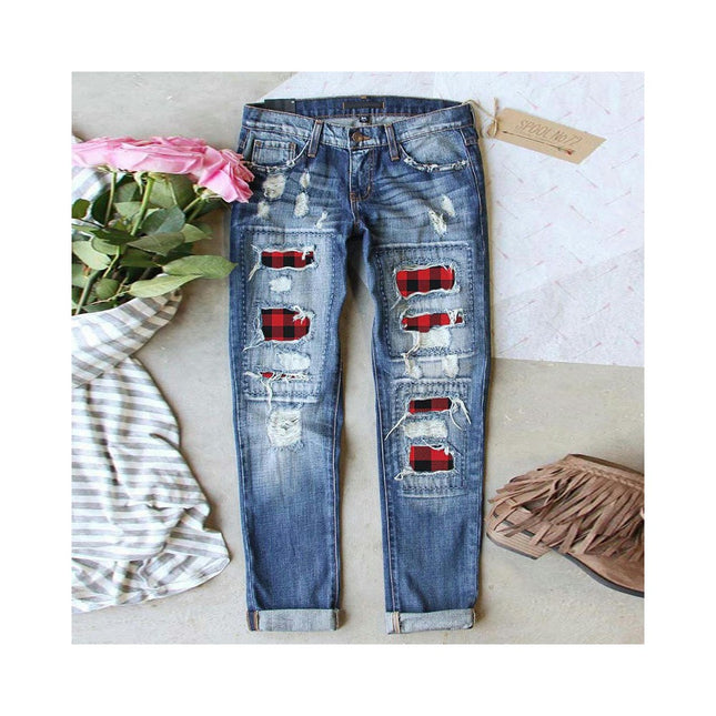 Womens Plaid Patch Ripped Boyfriend Distressed Denim Jeans with Hole-A2