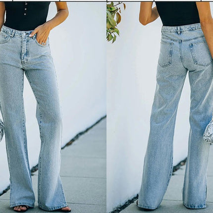 Women's Fashion High Waist Split Jeans Wide Leg Denim Pants