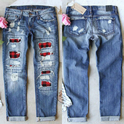 Womens Plaid Patch Ripped Boyfriend Distressed Denim Jeans with Hole-A2