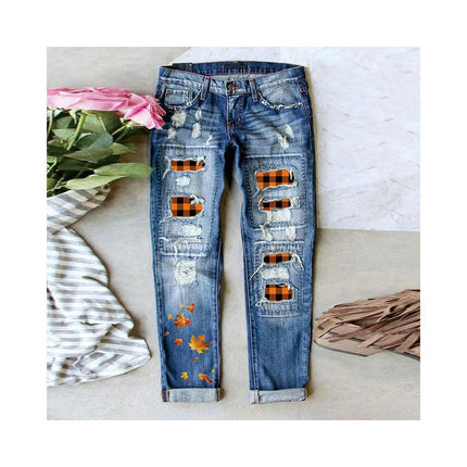 Womens Plaid Patch Ripped Boyfriend Distressed Mid Waist Denim Jeans with Hole