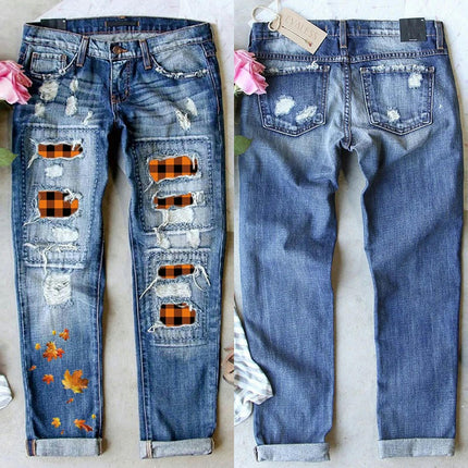 Womens Plaid Patch Ripped Boyfriend Distressed Mid Waist Denim Jeans with Hole