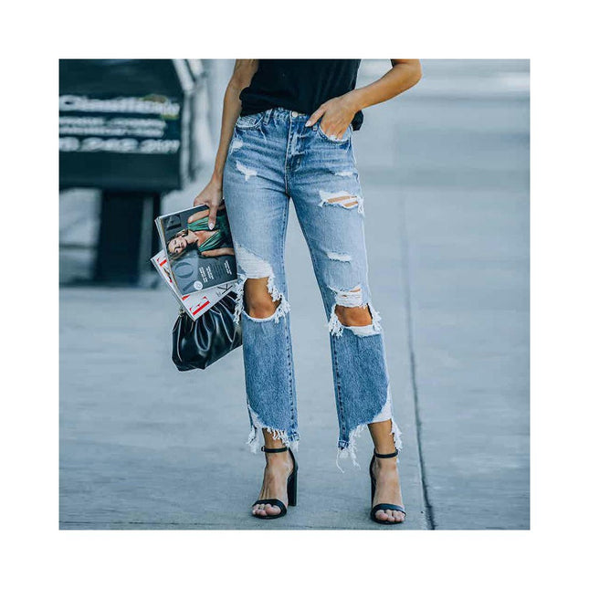 Straight Leg Jeans for Women Ripped High Waisted Cut Out Cropped Denim Pants