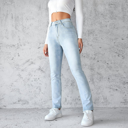 Women's Casual Mid-Rise Denim Pants Stretch Straight Leg Jeans